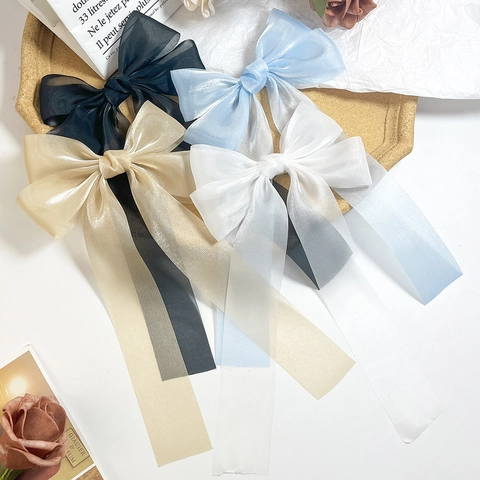 Handmade Mesh Double Layer Bow Hair Clip With Long Streamers Korean Style Solid Color Duckbill Clip Hair Accessories For Women