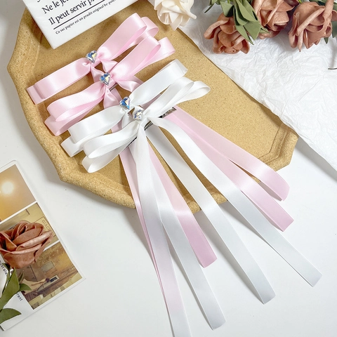 Fermaglio per Capelli con Fiocco a Doppio Strato e Strass a Cuore Dolce per Donna Nastro di Raso Elegante Fermaglio a Coccodrillo