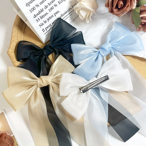 Handmade Mesh Double Layer Bow Hair Clip With Long Streamers Korean Style Solid Color Duckbill Clip Hair Accessories For Women