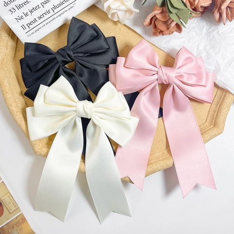 Damen Elegant Satin Schleife Haarspange Langes Band Französischer Stil Handgefertigt Federclip Pendler Ponytail Haar-Accessoires