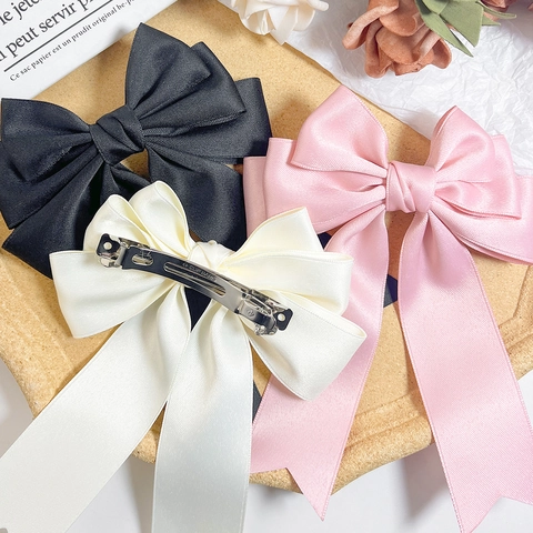 Damen Elegant Satin Schleife Haarspange Langes Band Französischer Stil Handgefertigt Federclip Pendler Ponytail Haar-Accessoires