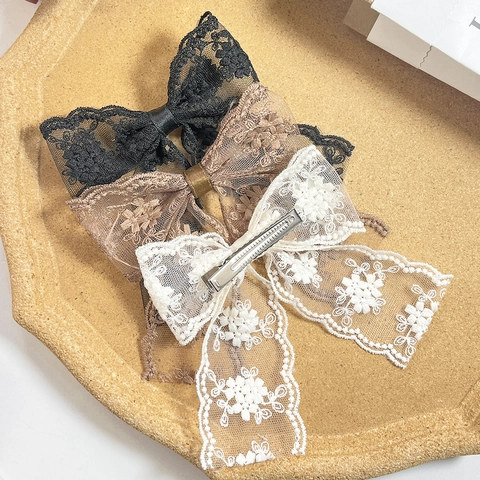 Vintage Korean Style Embroidered Lace Bow Hair Clip Elegant Floral Handmade Duckbill Clip For Women Sweet Hair Accessories