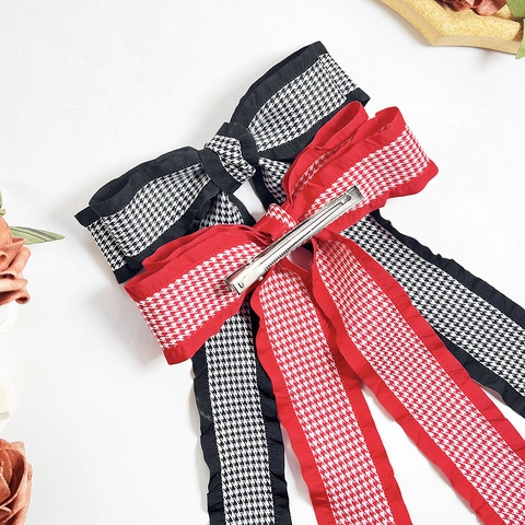 Pinza para el Pelo con Lazo de Pata de Gallo Francés con Cinta Larga y Borde con Volantes Estilo Preppy Horquilla Elegante para Mujer