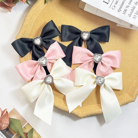 Dolce Fermaglio per Capelli con Fiocco in Tessuto di Raso Stile Coreano Cuore Strass Clip a Becco d'Anatra Accessori Capelli Donna