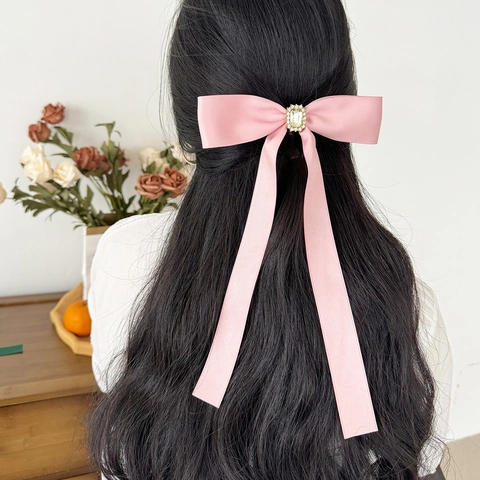Barrette Cheveux Élégante en Satin avec Nœud et Ruban pour Femme avec Centre en Strass Accessoires de Coiffure Style Français pour Mariage