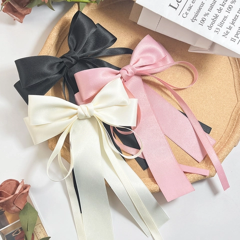 Grande Barrette à Cheveux Nœud en Satin Avec Long Ruban Style Français Élégant Pince à Ressort pour Femmes Filles