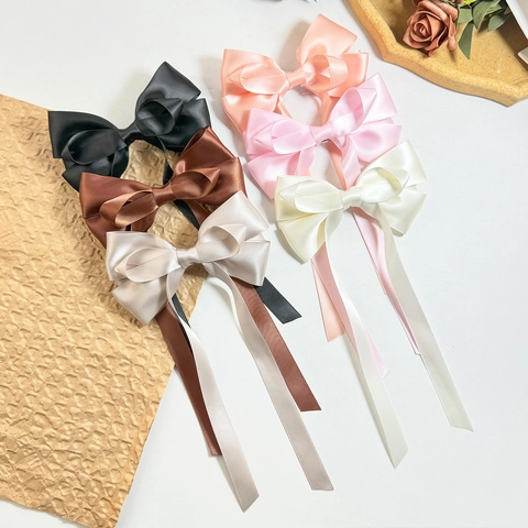 Pinza De Pelo Con Lazo De Satén Vintage Francés Con Cintas Largas Dulce Elegante Color Sólido Clip De Resorte Para Mujer Diario
