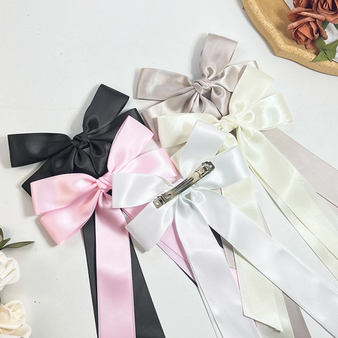 Elegant Satin Bow Hair Clip With Long Streamers For Women Sweet Solid Color Handmade Spring Clip Hair Accessories Gift