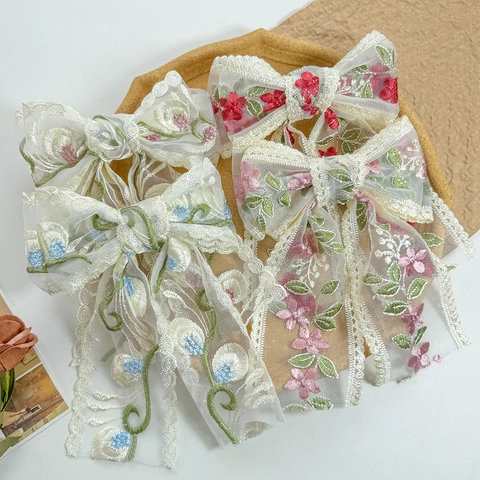 Élégante Grande Pince à Cheveux Nœud Floral en Dentelle Brodée de Rose pour Femmes Accessoire de Cheveux Style Vintage Français