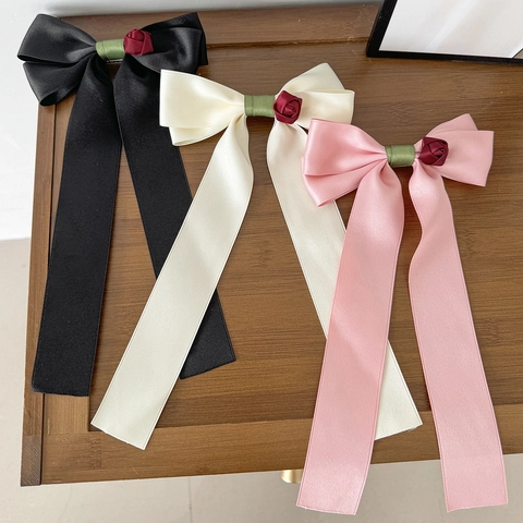 Pinza de Pelo de Lazo de Satén Elegante Con Decoración de Rosa Cinta Larga Estilo Francés Vintage Accesorio para Mujer Dulce