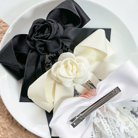 Pinza para el Pelo con Lazo de Encaje para Mujer con Cintas Largas Flor de Rosa de Tela 3D Estilo Vintage Francés Dulce Accesorios