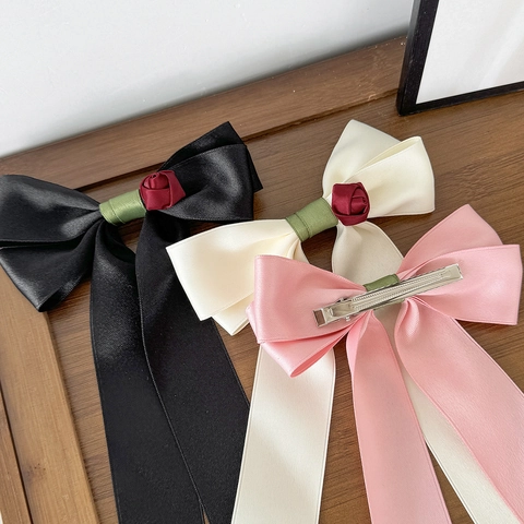 Pinza de Pelo de Lazo de Satén Elegante Con Decoración de Rosa Cinta Larga Estilo Francés Vintage Accesorio para Mujer Dulce