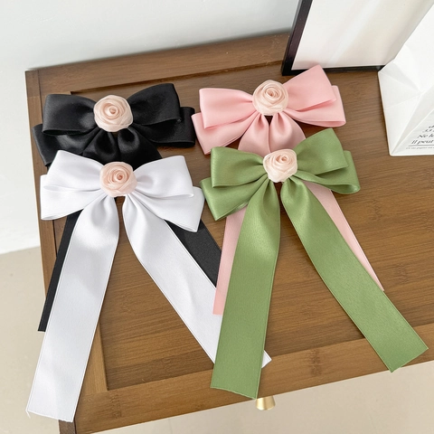 Sweet Satin Bow Hair Clip With Fabric Rose Long Streamers Pastoral Style Ribbon Hairpin Handmade Headwear For Women Girls