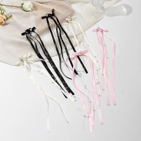 Fermaglio per Capelli con Fiocco in Raso e Nappina di Künstliche Perle Lunghe Cuore Strass Clip a Becco d'Anatra Accessori Capelli