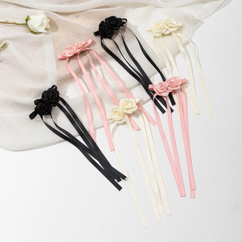 Pince à Cheveux Nœud en Satin Rose pour Femmes Style Français Vintage Long Ruban Pince Croco Accessoires Cheveux