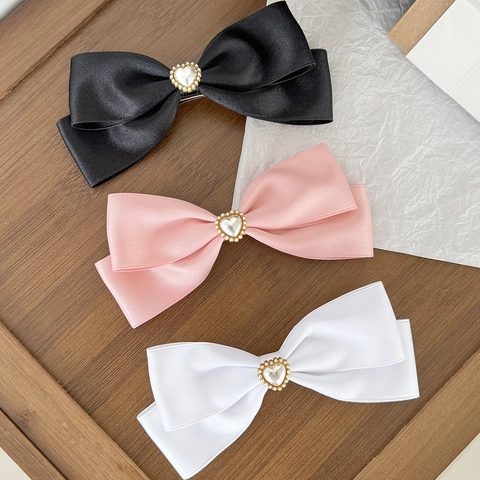 Eleganter Satin Schleife Haarspange Mit Herz Künstliche Perle Dekoration Süße Vintage Haarspange Federclip Für Damen Haar Styling Schmuck