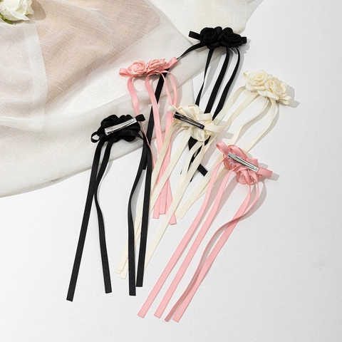 Pince à Cheveux Nœud en Satin Rose pour Femmes Style Français Vintage Long Ruban Pince Croco Accessoires Cheveux