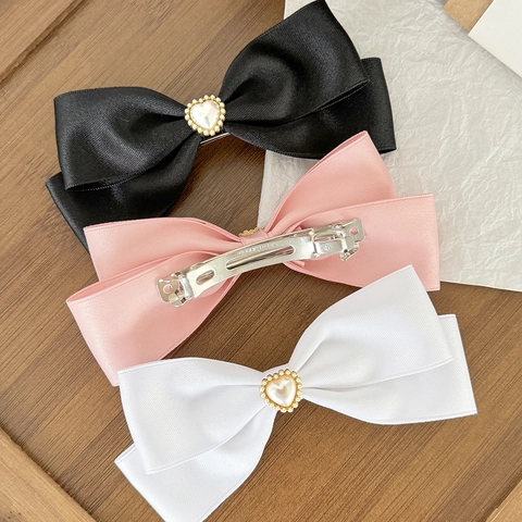 Eleganter Satin Schleife Haarspange Mit Herz Künstliche Perle Dekoration Süße Vintage Haarspange Federclip Für Damen Haar Styling Schmuck
