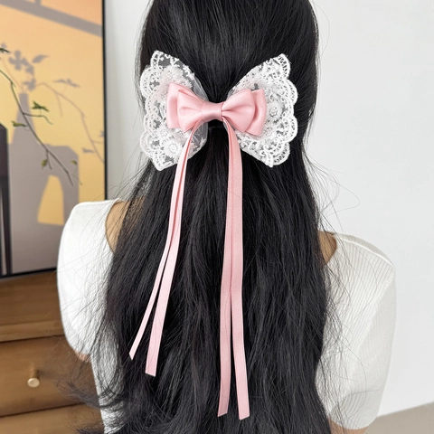Pinza Para El Pelo Con Lazo De Encaje Y Cinta Larga Estilo Dulce Lolita Clip De Resorte Accesorios Para El Pelo Mujer
