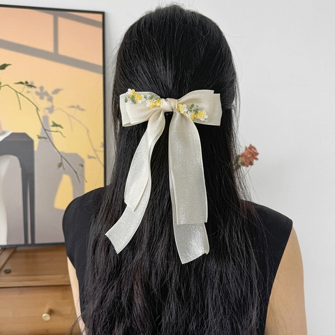 Landelijk Bloem Geborduurd Strik Haarklem Gaas Stof Zoet Franse Veerclip Haaraccessoires Voor Dames Dagelijks Gebruik