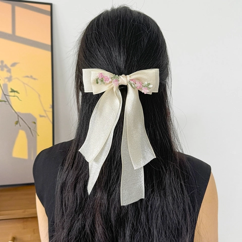 Landelijk Bloem Geborduurd Strik Haarklem Gaas Stof Zoet Franse Veerclip Haaraccessoires Voor Dames Dagelijks Gebruik