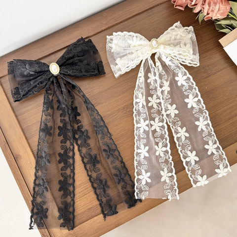 Pince à Cheveux Élégante Nœud en Dentelle Avec Perle Artificielle Strass Long Gland Ruban Floral Style Français Femme