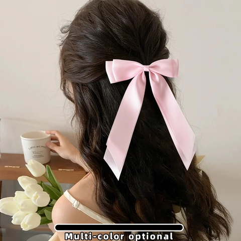 Large Satin Ribbon Bow Hair Clip With Long Streamers Sweet Double Layer Bowknot Hairpin French Vintage Hair Accessories