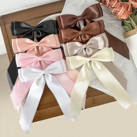 Large Satin Ribbon Bow Hair Clip With Long Streamers Sweet Double Layer Bowknot Hairpin French Vintage Hair Accessories