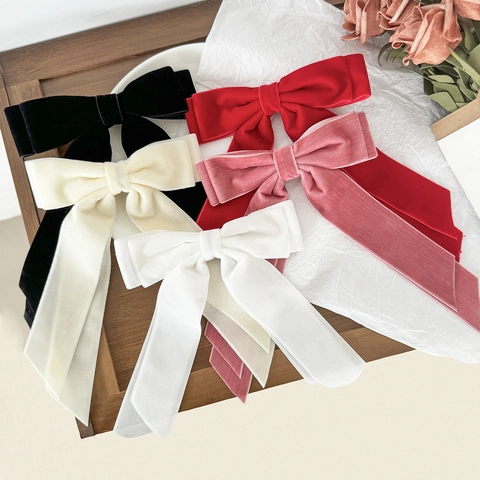 Pinza para el Cabello de Terciopelo con Lazo Vintage Francés para Mujer Elegante Horquilla de Cinta Larga Color Sólido Hecha a Mano Accesorios para el Cabello
