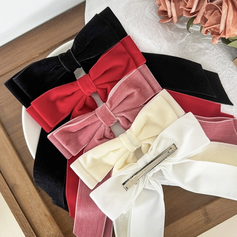 Pinza para el Cabello de Terciopelo con Lazo Vintage Francés para Mujer Elegante Horquilla de Cinta Larga Color Sólido Hecha a Mano Accesorios para el Cabello