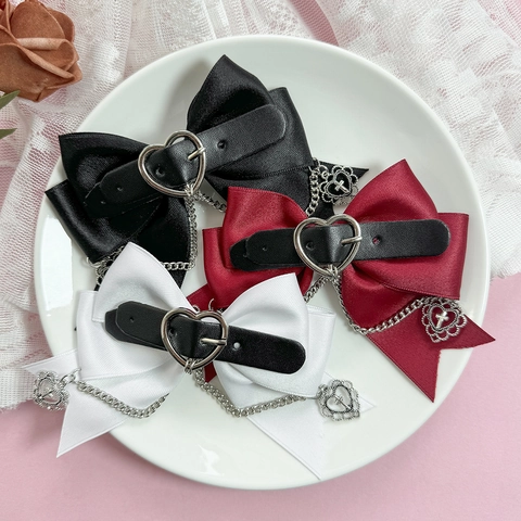 Gothic Schleife Haarspange Mit Metallkette Herz Kreuz Anhänger Band Süß Cool Lolita Haarnadel Damen Haarschmuck
