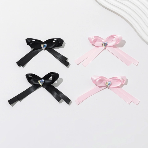Zoete Satijnen Lint Strik Haarclip Met Hart Iriseerend Strass Voor Dames Koreaanse Stijl Zijpony Clip Haaraccessoires