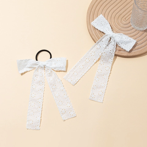 Pinza para el Cabello con Lazo de Encaje Blanco Dulce Cinta Larga Bordado Floral Goma para el Pelo Hecha a Mano Mujer