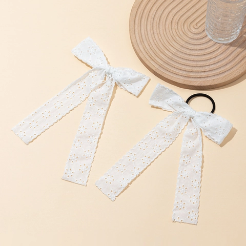 Pinza para el Cabello con Lazo de Encaje Blanco Dulce Cinta Larga Bordado Floral Goma para el Pelo Hecha a Mano Mujer