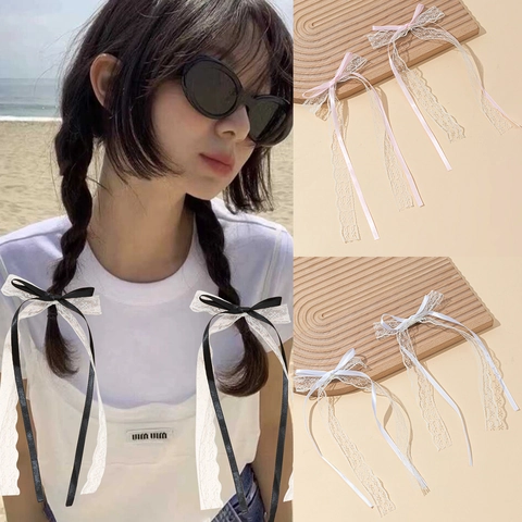 Molletta per Capelli a Fiocco in Pizzo Dolce Balletcore Con Nastri in Raso Clip a Becco d'Anatra Vintage Francese per Donna