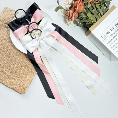 Women Long Ribbon Bow Hair Tie Satin Scrunchie Large Streamer Ponytail Holder Elegant Sweet Handmade Hair Accessory