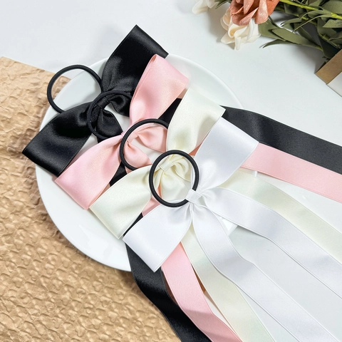 Women Long Ribbon Bow Hair Tie Satin Scrunchie Large Streamer Ponytail Holder Elegant Sweet Handmade Hair Accessory