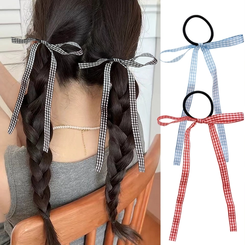 Elegante Balletcore Schleife Haargummis Lange Satin Karo Haargummi Für Damen Mädchen Doppelpferdeschwanz Süßer Haarschmuck