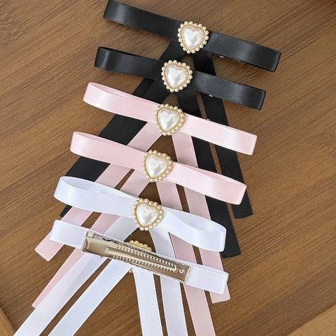 Fermagli per Capelli Balletcore in Raso con Fiocco e Cuore in Perla Artificial Sintetica Clip Decorative per Donne e Ragazze
