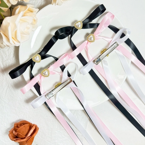 Elegante Balletcore Schleife Haarspangen Mit Herz Künstliche Perle Legierung Entenschnabel Clips Lange Streamer Kopfschmuck Für Damen