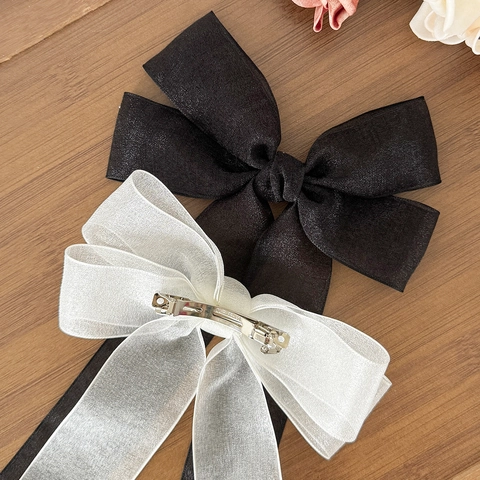 Elegante Molletta per Capelli Coreana con Grande Fiocco in Rete e Nastro Lungo Clip a Molla in Organza Luccicante per Donna