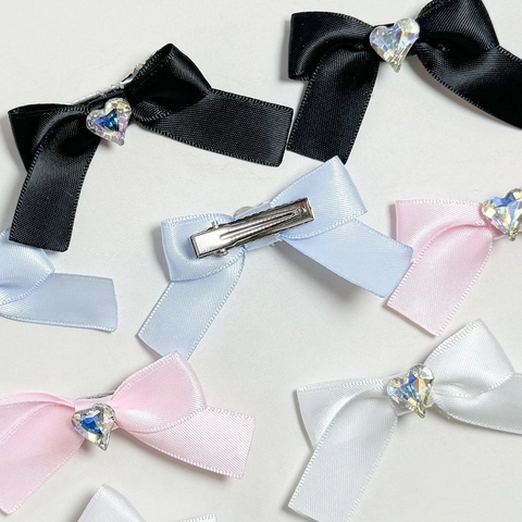 Sweet Heart Rhinestone Bow Hair Clips For Women Girls Satin Ribbon Duckbill Clips Bowknot Hair Accessories Handmade Gift