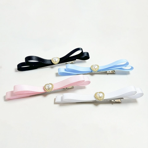 Sweet Satin Ribbon Bowknot Hair Clip With Heart Faux Artificial Pearl Decor Handmade Duckbill Clip Elegant Daily Hair Accessories For Women Girls