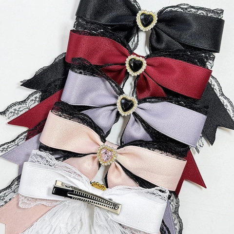 Süße Lolita Spitze Gurtband Schleife Haarklammer Mit Strass Herz Gotisch Entenschnabel-Clip Handgefertigter Haarschmuck Für Damen