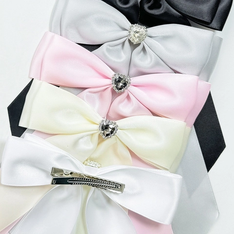 Sweet Satin Ribbon Bow Hair Clip With Heart Rhinestone Korean Style Duckbill Clip For Women Elegant Hair Accessories