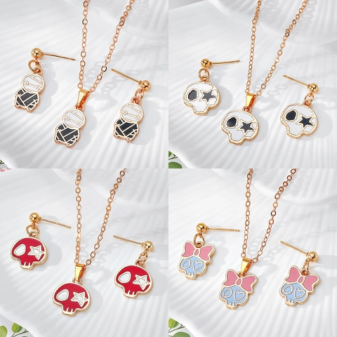 Halloween Alloy Skull Mummy Jewelry Set Sweet Cool Gothic Enamel Pendant Necklace Stud Earrings For Women Party Accessories