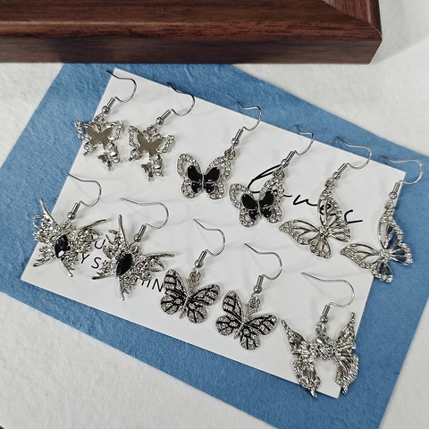Pendientes de Aleación de Plata con Forma de Mariposa y Gancho de Acero Inoxidable 316 Diamantes Gótico Hada Joyería