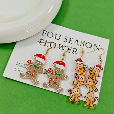 Christmas Acrylic Gingerbread Man Drop Earrings Cute Glitter Santa Hat Candy Cane Earrings For Women Kids Holiday Jewelry