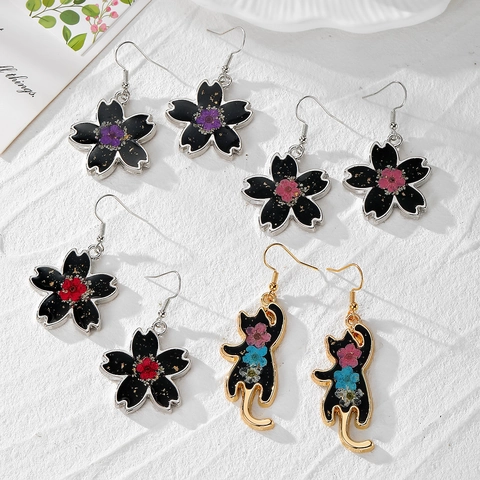 Handmade Resin Dried Flower Cherry Blossom Cat Drop Earrings With Stainless Steel Hooks Fashion Jewelry For Women Gift