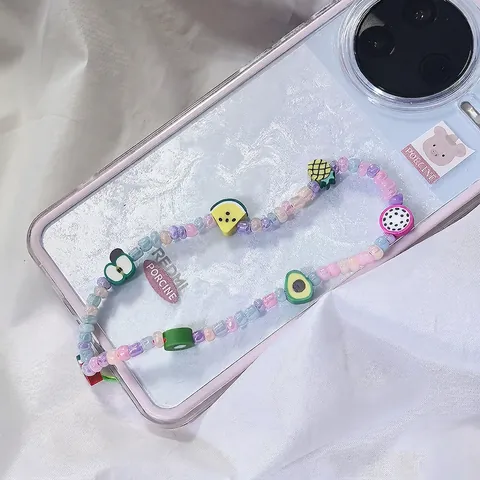 Handmade Beaded Phone Strap Resin Fruit Polymer Clay Smiley Face Heart Star Colorful Y2K Mobile Charm Lanyard Jewelry For Women